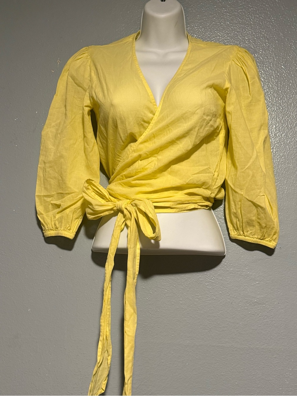 NWOT Enza Costa Yellow Wrap Tie Blouse with Balloon Sleeves